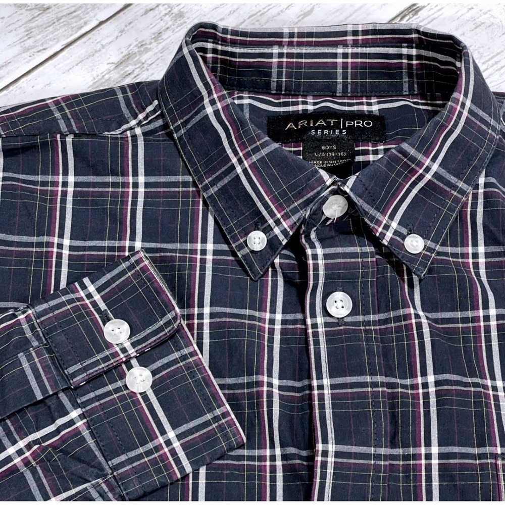 Ariat Pro Series Boys Plaid Button Down Western Shirt Navy L 14-16